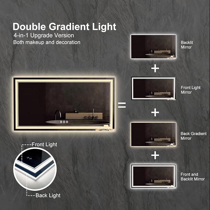 LED Bathroom Mirror, 60x32 Inch Gradient Front and Backlit Bathroom Mirror, 3 Colors Dimmable CRI>90 Double Lights, IP54 Enhanced Anti-Fog, Hanging Plates Wall Mount Lighted Mirror