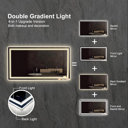 LED Bathroom Mirror, 60x32 Inch Gradient Front and Backlit Bathroom Mirror, 3 Colors Dimmable CRI>90 Double Lights, IP54 Enhanced Anti-Fog, Hanging Plates Wall Mount Lighted Mirror