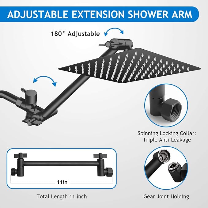 Black Shower Head Combo,10 Inch High Pressure Rain with 11" Extension Arm | 5 Settings Handheld Powerful Shower Spray Against Low Pressure Water, Free Installation Matte Black