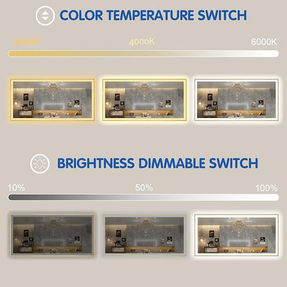 72x32 Inch LED Bthroom Mirror with Gold Frame | Gold Metal Frame, Front and Backlit, 3 Colors, Dimmable, Memory, Anti Fog, Tempered Glass, Lighted Mirror for Wall