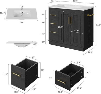 IRONCK 36 Inch Bathroom Vanity with Sink, Modern Black Bathroom Cabinet with Soft Closing Doors, 3 Drawers, Adjustable Shelf & Toilet Paper Holder