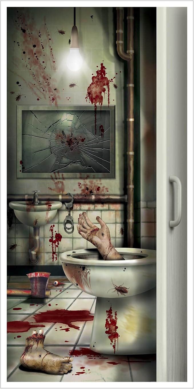 Beistle Creepy Crapper Restroom Door Cover, 5’ x 30” – Plastic for Indoor & Outdoor Use – Easily Display – Halloween Party Decorations, Horror Crime Scene Decor, Murder Mystery Party