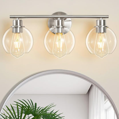 Bathroom Light Fixtures Over Mirror 3-Lights Bathroom Vanity Light with Clear Globe Glass Shade 22 inch Modern Brushed Nickel Vanity Lights Wall Sconce Lighting for Bath