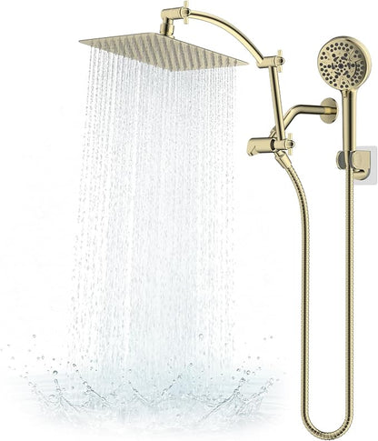 Hibbent Metal 10" High Pressure Rain Shower Head Combo, Polished Brass | cUPC Certified Rainfall Shower Head with handheld 10 Sprays, 16'' Adjustable Extension Arm, 71'' Hose, Showerhead Holder