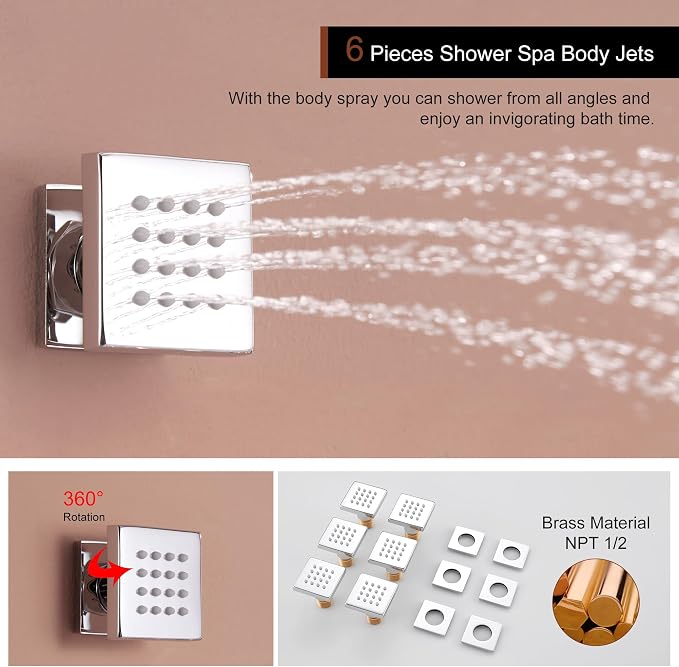 MONDAWE 12 In Thermostatic Shower System, Ceiling Mounted High Pressure Shower Head with Handheld,6 Body Jets, Bathroom Shower Faucet Set in Chrome