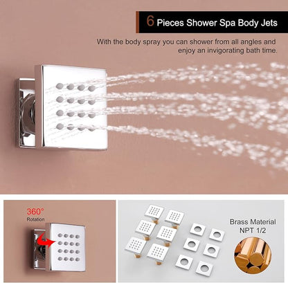 MONDAWE 12 In Thermostatic Shower System, Ceiling Mounted High Pressure Shower Head with Handheld,6 Body Jets, Bathroom Shower Faucet Set in Chrome