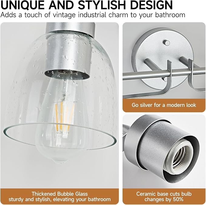 21 Inch Vanity Lights, 3-Light Silver Vintage Industrial Bathroom Light Fixtures with Bell Bubble Glass Shade, Wall Sconce for Bathroom Mirror, Bedroom, Hallway