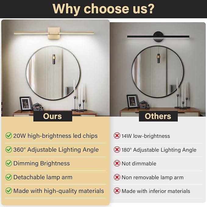Gold Bathroom Vanity Light, 24 Inch LED Light Bar Over Mirror | Modern Bathroom Light Fixture Over Mirror for Vanity, 360° Rotatable Dimmable LED Wall Mounted Lighting, ETL Certified