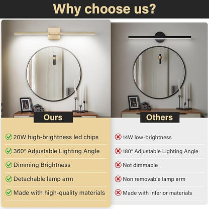 Gold Bathroom Vanity Light, 24 Inch LED Light Bar Over Mirror | Modern Bathroom Light Fixture Over Mirror for Vanity, 360° Rotatable Dimmable LED Wall Mounted Lighting, ETL Certified
