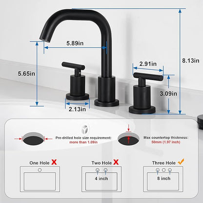 Black Bathroom Faucet 3 Holes - Two Handles Widespread 8 inch Bathroom Sink Faucet 3 Pieces Basin Faucets 360 Degree Swivel Spout Vanity Sink Faucet with Drain & Supply Hoses