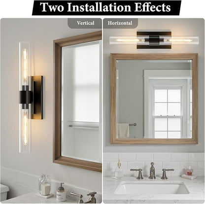 Black Brass Bathroom Wall Sconce: Set of 2 Modern Linear Matte Sconces | Clear Glass Tube Vanity Lights, Vertical or Horizontal Mounted Dimmable Lighting Fixtures for Indoor Living Room Hallway