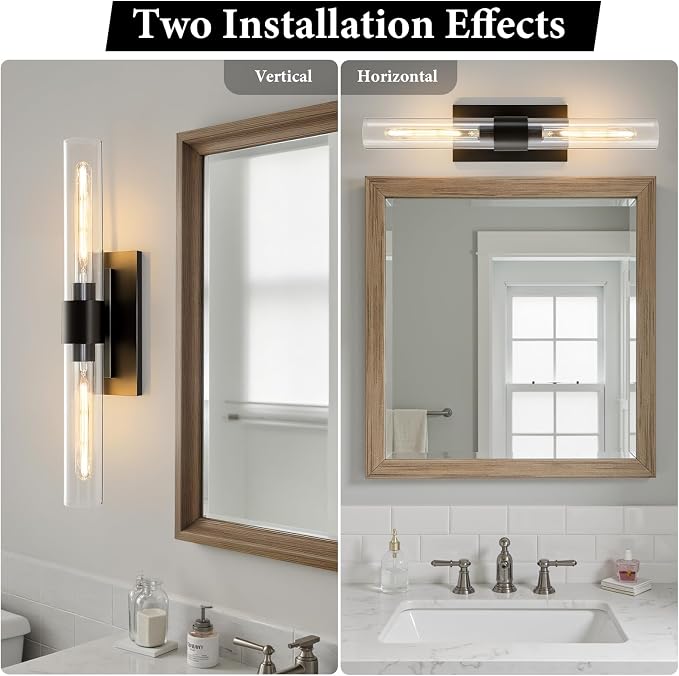 Black Brass Bathroom Wall Sconce: Modern Linear Dimmable Lighting Fixtures | Clear Glass Tube Light, Vertical or Horizontal Mounted Vanity Sconces for Indoor Living Room Hallway Bedroom Decor