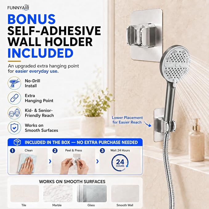 High Pressure Shower Head, Stick-on Low Mount Wall Bracket, Grey | 5 Spray Modes, Water-Saving, 360° Adjustable Bracket, For Low Water Pressure Home, RV, Bathroom, Fix Firmly Kid-Friendly
