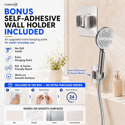 High Pressure Shower Head, Stick-on Low Mount Wall Bracket, Grey | 5 Spray Modes, Water-Saving, 360° Adjustable Bracket, For Low Water Pressure Home, RV, Bathroom, Fix Firmly Kid-Friendly