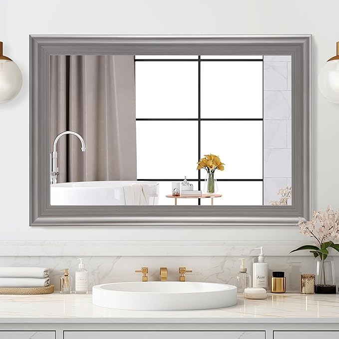 Tanmicoshomy Bathroom Mirrors for Wall 24x36 Inch, Rectangle Mirror with Brushed Silver Grey Wooden Frame for Bathroom Bedroom or Entryway