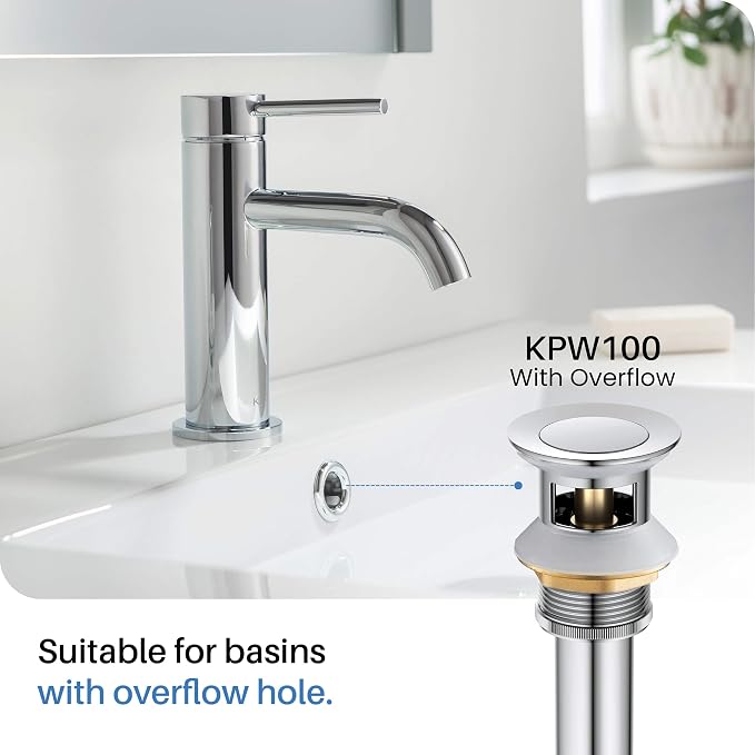 Solid Brass Single Handle Bathroom Sink Faucet with Pop Up Drain, High Arc Cubic Spout Lavatory Faucet | Corrosion-Resistant, Modern Design, Easy to Install (Chrome, KBF1002)