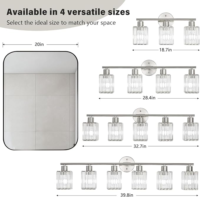 5 Light Bathroom Light Fixtures, Modern Crystal Vanity Lights over Mirror | Metal Frame, Bathroom Light with Square Crystal Shade, ETL Certified, E26 Ceramic Socket, Bulbs Not Included