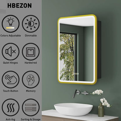 Medicine Cabinet with LED Lights and Mirror, 16W x 28H Inch Wall or Recessed Mounted Bathroom Cabinet with Right Hinge, Storage Shelf, Defogger, Memory Function, 3-Color Mode, Dimmer, Gold