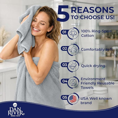 DAN RIVER 8 Piece Luxury Bath Towels for Bathroom, Towel Set, Silver | 2 Bath towels, 2 Hand towels, and 4 Wash Cloths, 600 GSM 100% Ring Spun Cotton, Highly Absorbent, Gym, Hotel, guest, and Spa