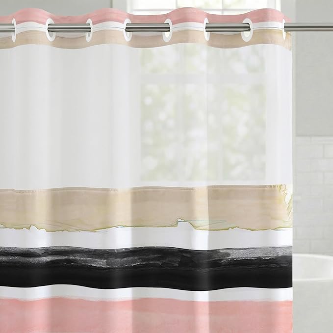 Americanflat 72x75 Hookless Shower Curtain - Water-Resistant Stripe Shower Curtain with Sheer Panel, Snap-In Liner, and Grommets - 100% Polyester - Blush Pink, Black, Sage Green, White, Grey and Cream