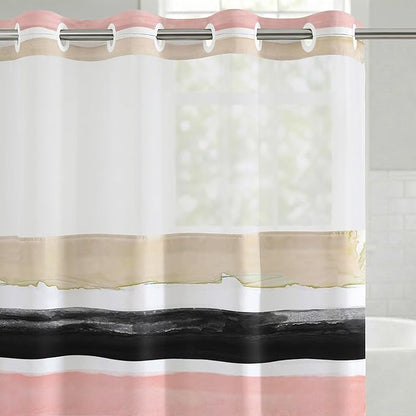 Americanflat 72x75 Hookless Shower Curtain - Water-Resistant Stripe Shower Curtain with Sheer Panel, Snap-In Liner, and Grommets - 100% Polyester - Blush Pink, Black, Sage Green, White, Grey and Cream