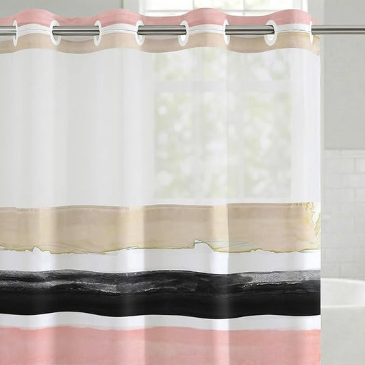 Americanflat 72x75 Hookless Shower Curtain - Water-Resistant Stripe Shower Curtain with Sheer Panel, Snap-In Liner, and Grommets - 100% Polyester - Blush Pink, Black, Sage Green, White, Grey and Cream