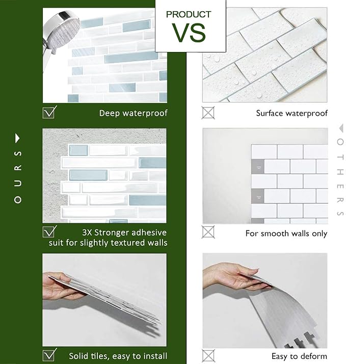 STICKGOO Thicker Peel and Stick Backsplash Tile for Kitchen and Bathroom | 10 Sheets of 12”×12” - 3D Vinyl Self Adhesive Wall Tiles Stick on Backsplash for Kitchen & Bathroom(Blue,White)