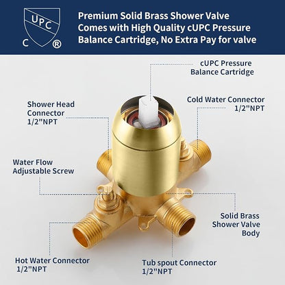 Shower Tub Kit Tub Shower Faucet Combo Set Bathtub Faucet Set Shower System with Tub Spout Shower Valve and Trim Kit Shower Fixtures Brushed Gold