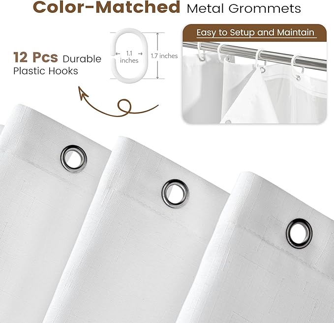BTTN 3 in 1 Shower Curtain with Clear Liner - 72x78 Long Boho Linen Textured Fabric Shower Curtain Set with Plastic Hook, Tall Decorative Heavy Duty Waterproof Shower Curtain for Bathroom, White