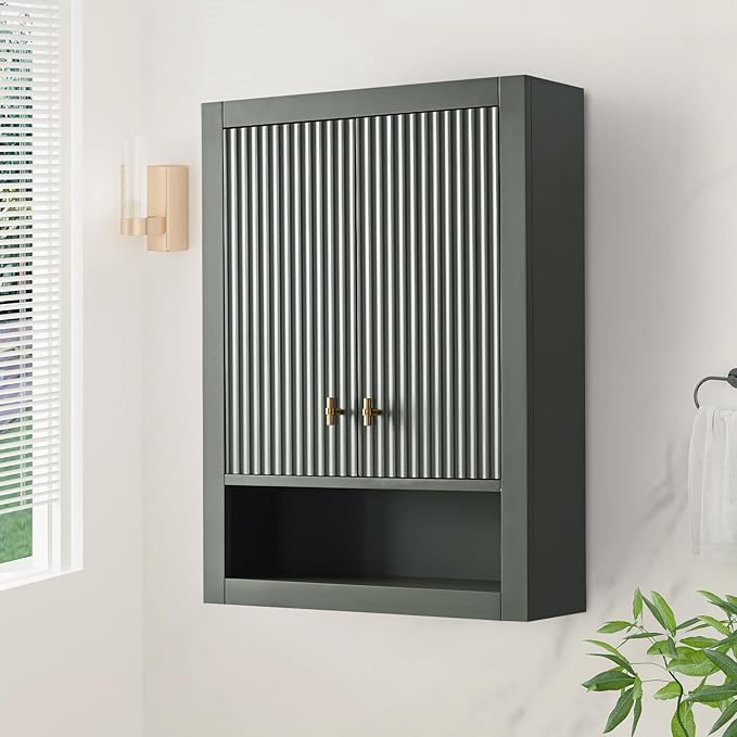 HOMEBEYOND 24 Inches Bathroom Vanity Wall Mount Storage Cabinet & Shelves, Free-Standing Vanity with Soft-Closing Doors, Golden Brushed Handware, Vintage Green