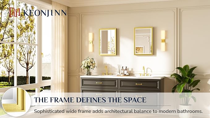 Keonjinn 16" x 24" Brushed Gold Framed Mirror for Bathroom, Tempered Glass | Aluminum Alloy, Effortless French Cleat Installation, Modern Farmhouse, Rectangle Wall Mirror for Hallway, Entryway Decor