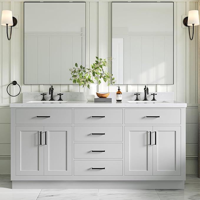 ARIEL Hepburn 72-inch Bathroom Vanity with Sink,Solid Wood, 1.5-inch Carrara White Quartz Countertop & Backsplash, Double Rectangular Porcelain Sink, 4 Soft Closing Doors, 6 Dovetail Drawers, Grey
