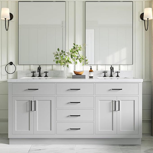 ARIEL Hepburn 72-inch Bathroom Vanity with Sink,Solid Wood, 1.5-inch Carrara White Quartz Countertop & Backsplash, Double Rectangular Porcelain Sink, 4 Soft Closing Doors, 6 Dovetail Drawers, Grey