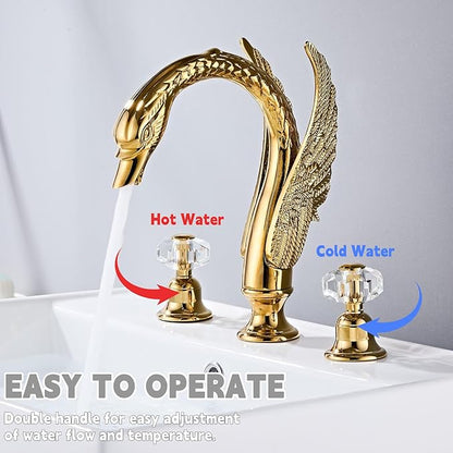 Golden Ornate Swan Style Bathroom Sink Faucet Combo Deck Mount Sink Mixer Tap Set Hot Cold Water