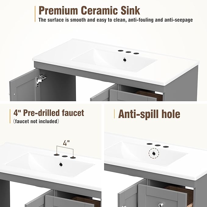 Harper & Bright Designs 72" Bathroom Vanity Set with Double Sink, Vanity Cabinet with 4 Cabinet Doors and 8 Drawers, Solid Wood Bathroom Cabinet with Ceramic Basin for Bathroom, Grey