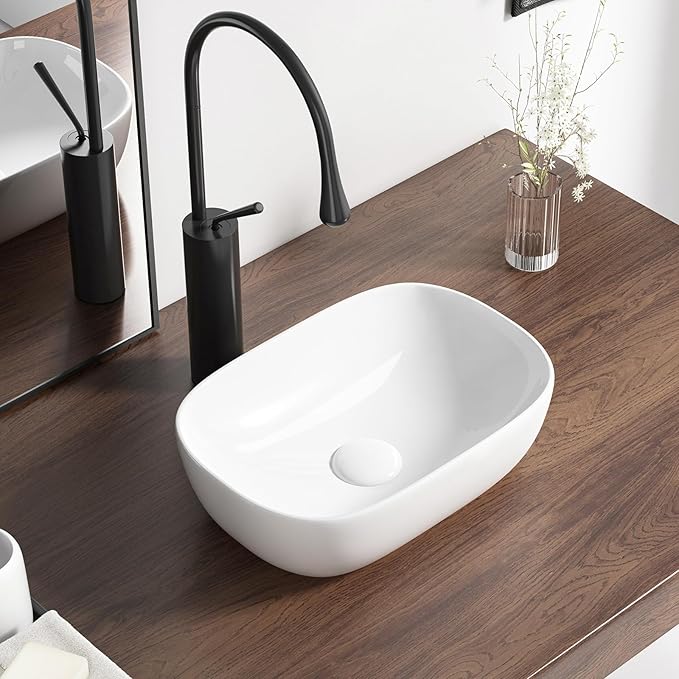 Small Vessel Sink Bowl Above Counter, QISHKA 14" x 10" Ceramic Oval Modern Bathroom Sink White Vanity Sink Lavatory Art Basin