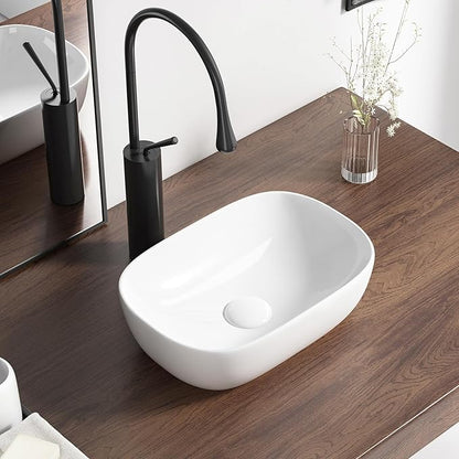 Small Vessel Sink Bowl Above Counter, QISHKA 14" x 10" Ceramic Oval Modern Bathroom Sink White Vanity Sink Lavatory Art Basin