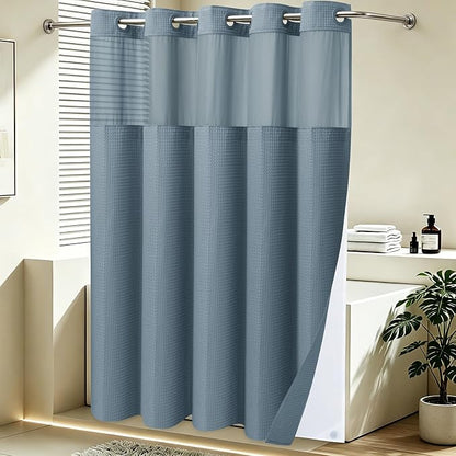SORTTO No Hook Shower Curtain with Snap in Liner Set Waffle Shower Curtain for Bathroom Hotel Style Fabric Waterproof Inner Liner，71" W x 74" H, Stone Blue