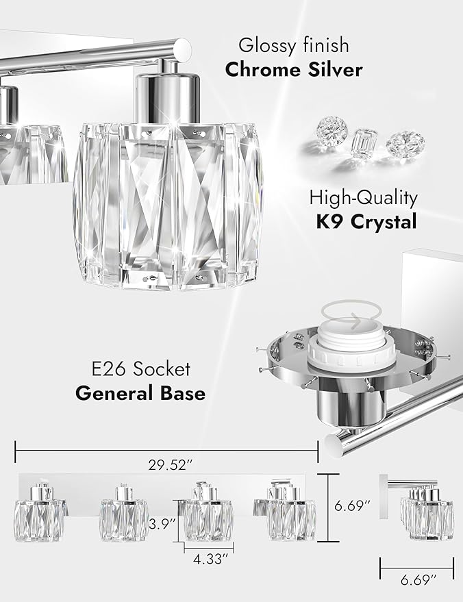 VOLISUN Crystal Vanity Lights - 4 Light Modern Stainless Steel Bathroom Light Over Mirror, Chrome Finish - UL Certificated (Exclude Bulb)