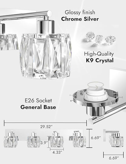 VOLISUN Crystal Vanity Lights - 4 Light Modern Stainless Steel Bathroom Light Over Mirror, Chrome Finish - UL Certificated (Exclude Bulb)