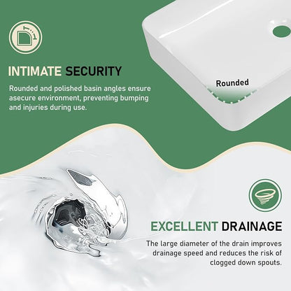24 Inch White Rectangle Vessel Bathroom Sink | Ceramic, Above Counter, Rectangular Shape, Easy to Clean, Recommended Installation, Ideal for Bathroom, Lavatory, Vanity
