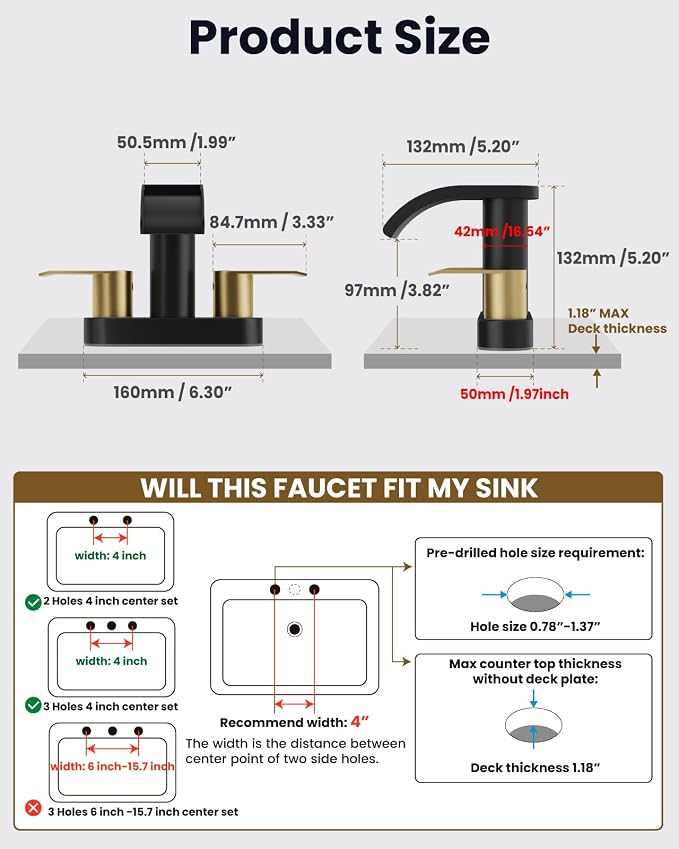 gotonovo 4’’ Centerset Bathroom Sink Faucet Waterfall Black&Brushed Gold | SUS304 Bathroom Faucet,2.17’’ Wide Spout,24’’ cUPC Water Line,Pop up Drain,2 Handle,Basin,Vanity,RV,Lavatory 2 or 3 Hole Sink