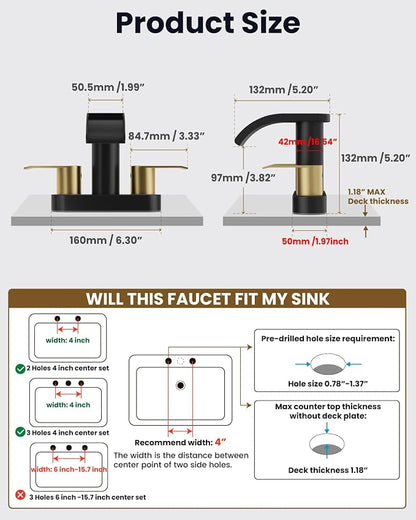 gotonovo 4’’ Centerset Bathroom Sink Faucet Waterfall Black&Brushed Gold | SUS304 Bathroom Faucet,2.17’’ Wide Spout,24’’ cUPC Water Line,Pop up Drain,2 Handle,Basin,Vanity,RV,Lavatory 2 or 3 Hole Sink