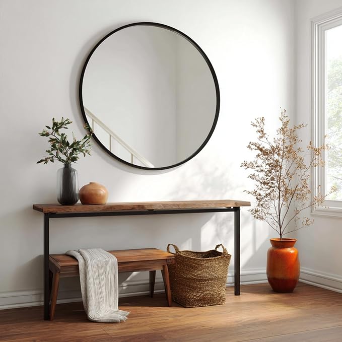 Big Circle Mirror 36 inch, Black Round Mirror, Matte Metal Frame | High Definition Mirror, Waterproof, Rust-resistant, Round Mirror for Living room, Bathroom, Hallway, Bedroom, Cloakroom