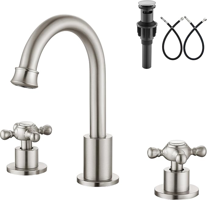 3 Hole Bathroom Sink Faucet Widespread Metal Label Brushed Nickel | High-Arc Swivel Spout,Pop Up Drain,Cross Handle,cUPC Hose,for 6-16″Centerset Basin,Farmhouse,RV,Vanity,Lavatory 8" Mixer Tap