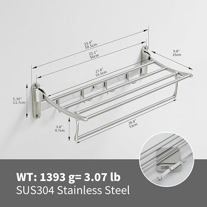 BESy 24 Inch Brushed Nickel Towel Racks, Bathroom Towel Shelf with Foldable Towel Bar Holder and Towel Hooks, Wall Mounted Multifunctional Bathroom Accessories, Double Towel Bars