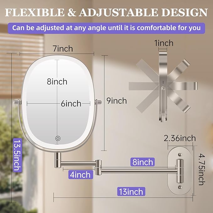 FUNTOUCH 5000mAh Rechargeable Wall Mounted Lighted Makeup Mirror,Nickel | Double Sided 30X/1X Magnifying Mirror Wall Mounted,Extended Arm 360°Rotation,Touch Dimmable,3 Color Lights for Bathroom