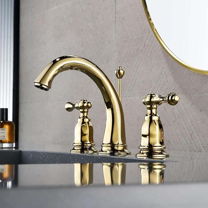 Vanity Faucet 3 Holes Gooseneck 2 Handle Bathroom Faucet with Pull Rod Hot and Cold Water,Zirconium Gold