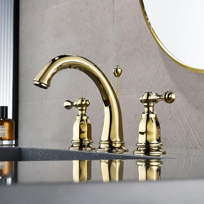 Vanity Faucet 3 Holes Gooseneck 2 Handle Bathroom Faucet with Pull Rod Hot and Cold Water,Zirconium Gold
