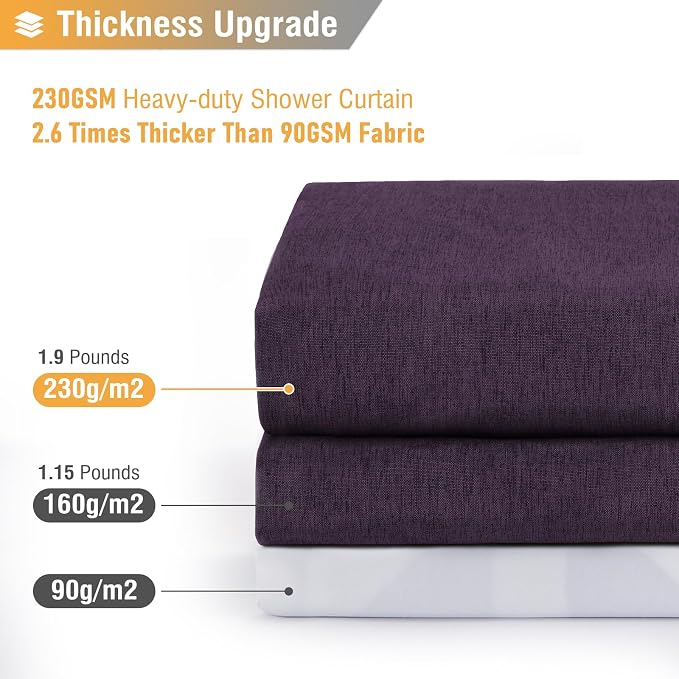 Extra Long Linen Textured Waterproof Shower Curtain, 72x96, Purple | Extra Tall Size, 230GSM Polyester, Heavy Duty Waterproof Cloth, Weighted Hem, 12 Hooks, Modern Hotel Style, Machine Washable